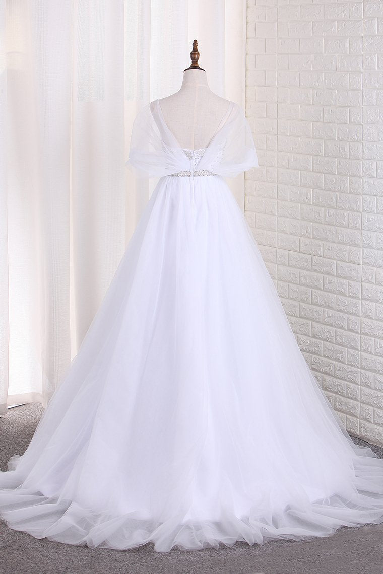 Tulle A Line Sweetheart Beaded Bodice Wedding Dresses Court Train