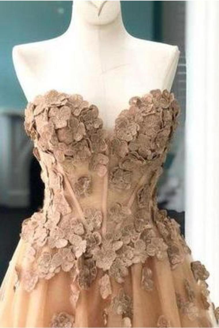 Elegant A-Line Sweetheart Appliqued Brown Prom Dress