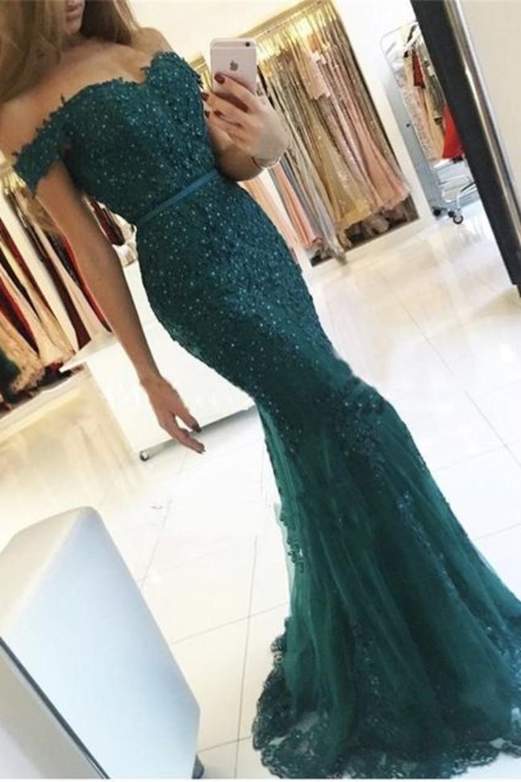 Off The Shoulder Prom Dresses Mermaid Tulle With Applique And Beadings Covered Button