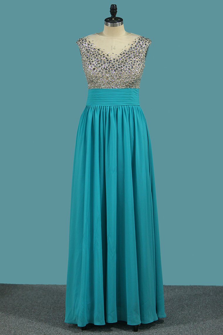 Chiffon A Line Scoop Prom Dresses With Beaded Bodice And Ruffles