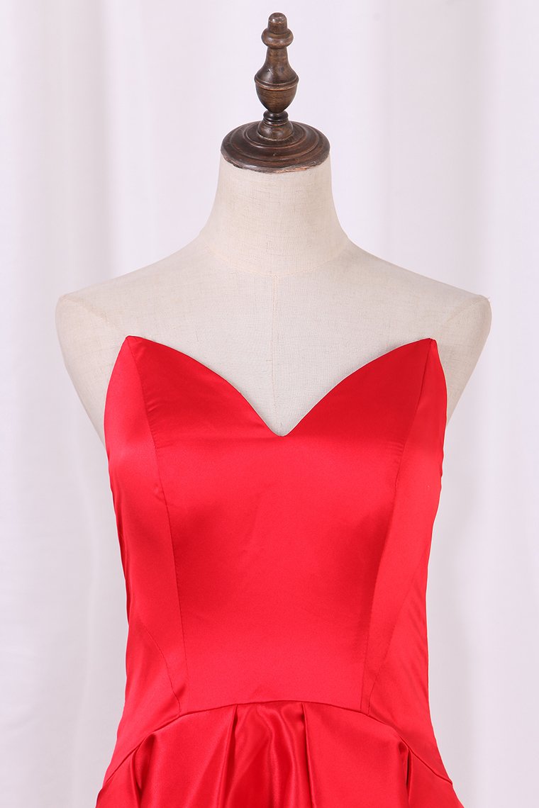 Asymmetrical Prom Dresses V Neck Satin Red