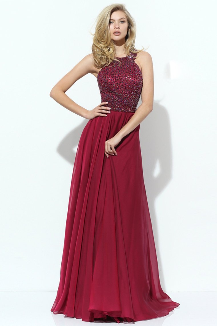 Scoop Prom Dresses Chiffon With Beading A Line Sweep Train
