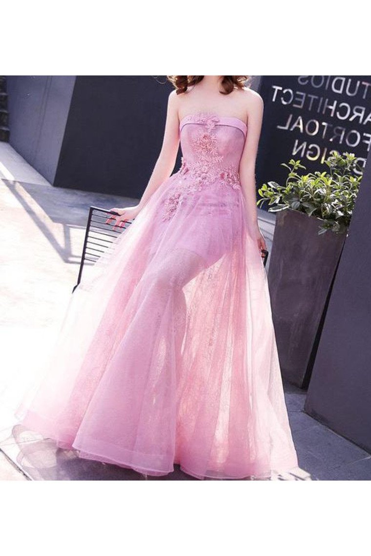 A Line Strapless Tulle With Applique Floor Length Prom Dresses Lace Up