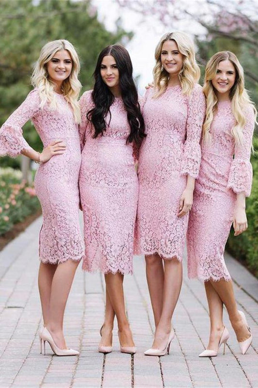 Sheath Tea Length Pink Lace Simple Elegant Bridesmaid Dresses With Sleeves