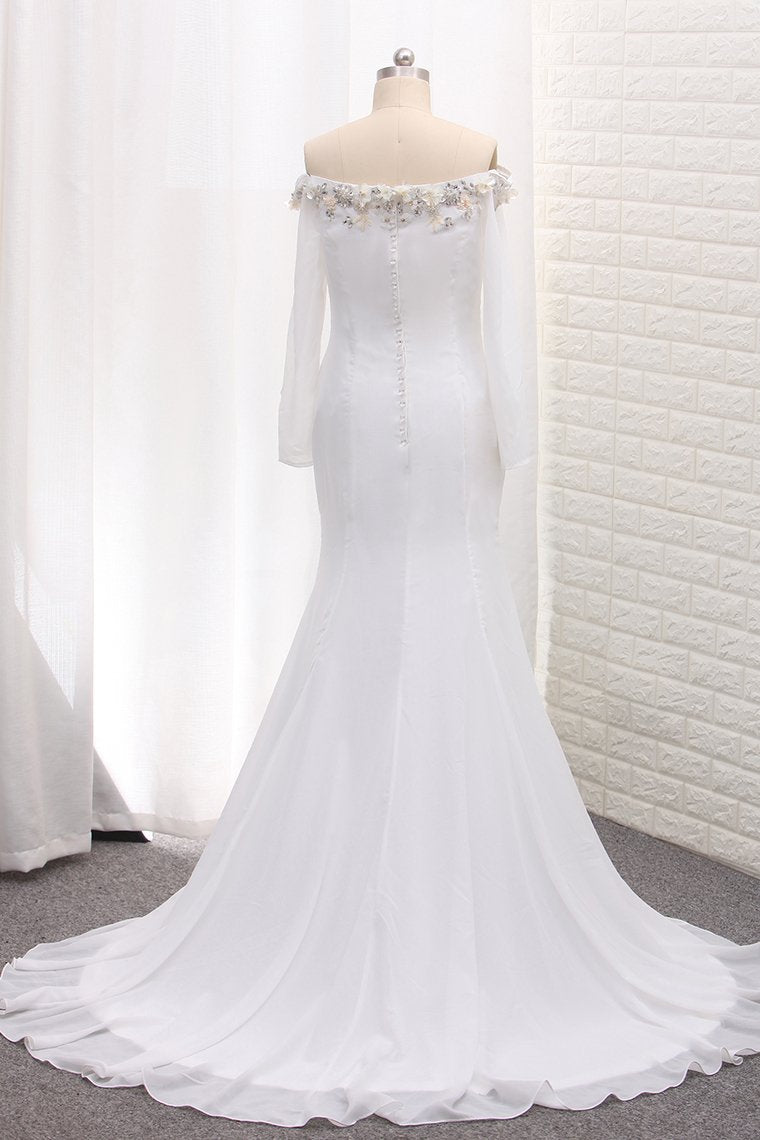 Long Sleeves Chiffon Off The Shoulder Mermaid Wedding Dresses With Beading