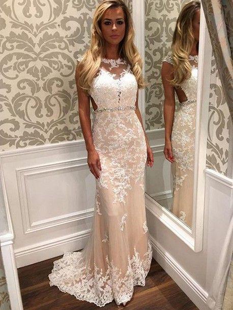 Charming Lace Mermaid Long Sexy Sleeveless Beading See Through Prom Dresses WK149