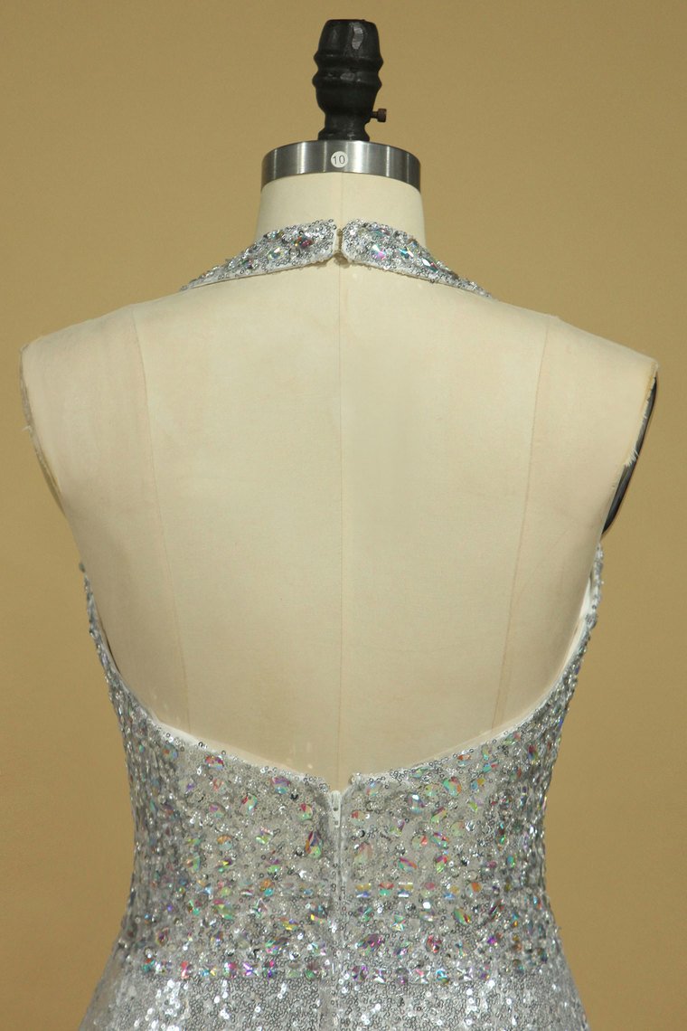 Prom Dresses Halter Sequines With Beading Open Back Sheath