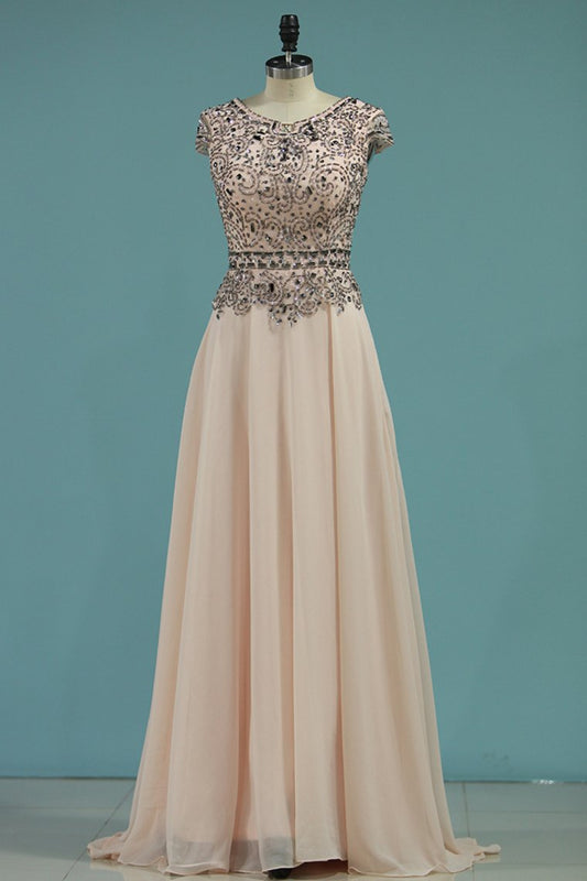 Chiffon Scoop Beaded Bodice Prom Dresses A Line Short Sleeves