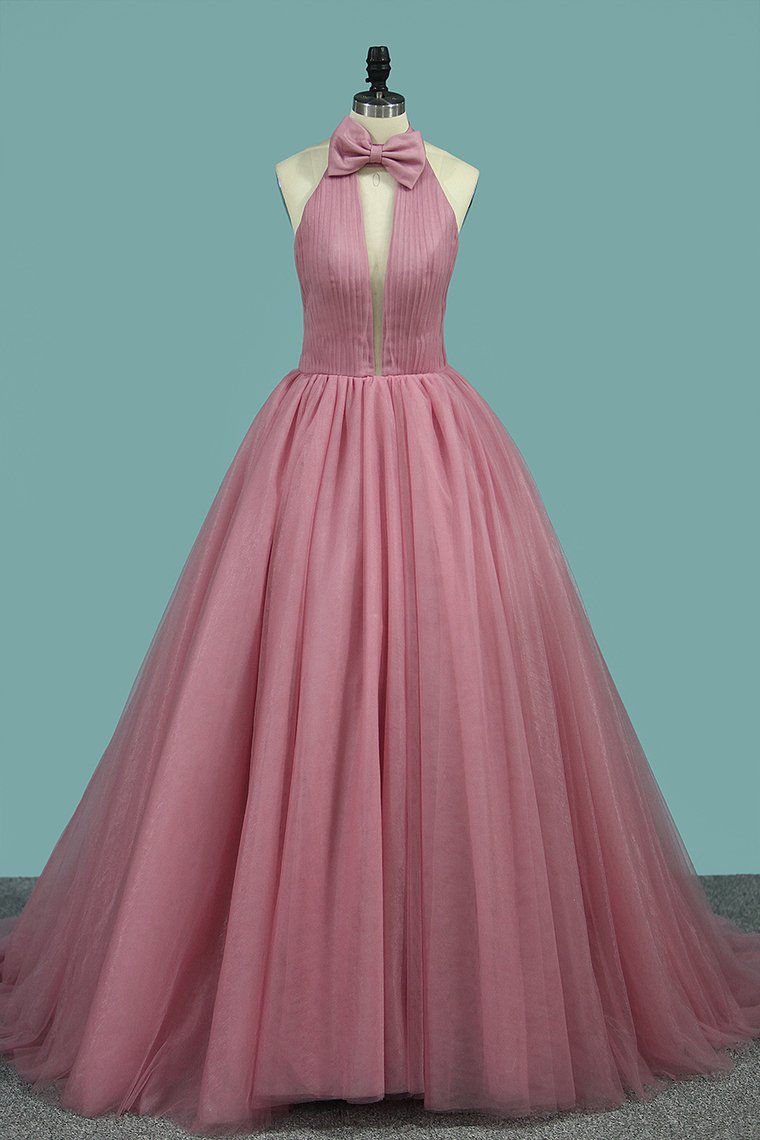 Simple Style Prom Gown High Neck A-Line Sweep Train New Arrival