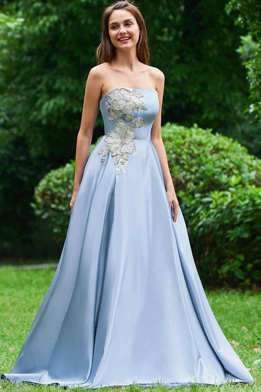 Strapless Long Prom Dress With Appliques, A Line Cheap Formal Dress With Beads
