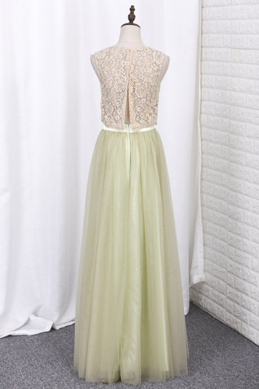 Floor Length Two Pieces Scoop Tulle & Lace A Line Bridesmaid Dresses