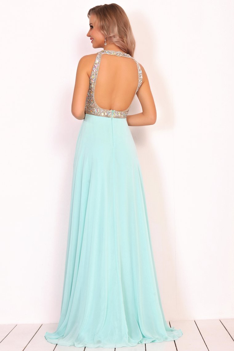 Prom Dresses Scoop Chiffon With Beads And Slit A Line Open Back
