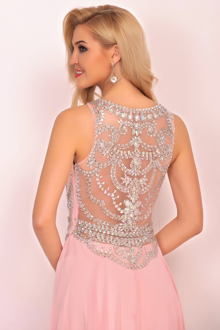 Chiffon Scoop Prom Dresses A Line With Beads&Rhinestones Chiffon Floor Length