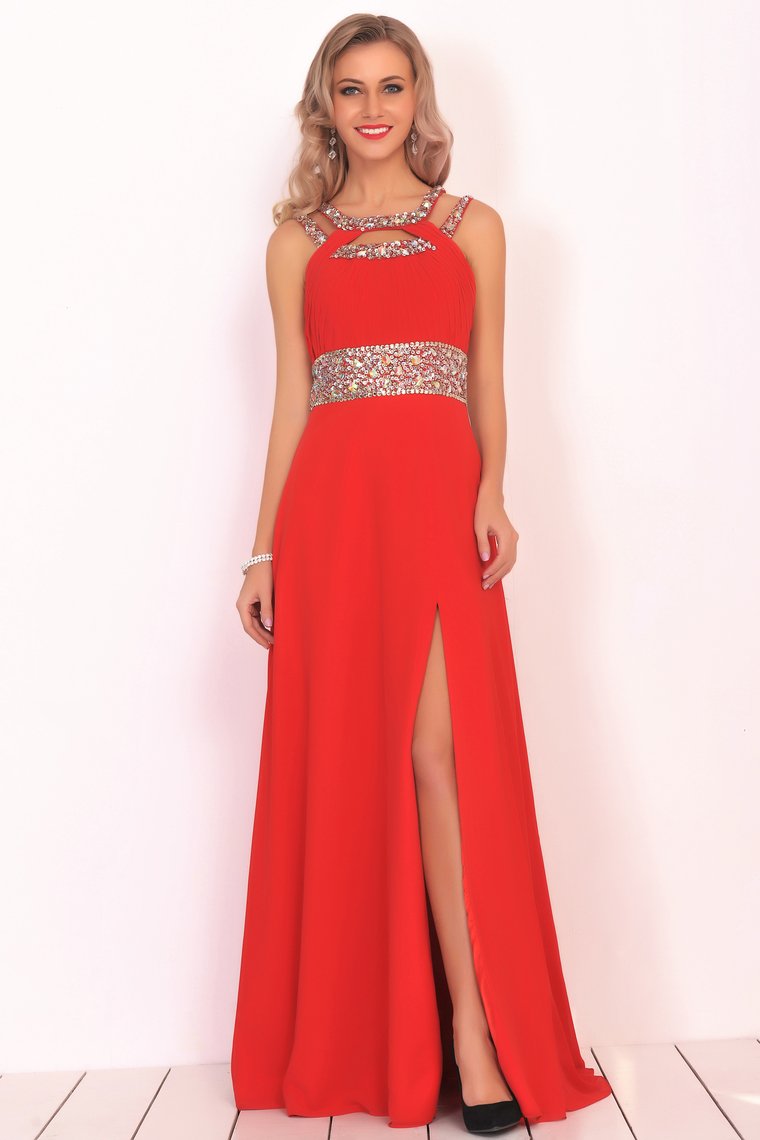 New Arrival Scoop Prom Dresses A Line Chiffon With Beads And Ruffles