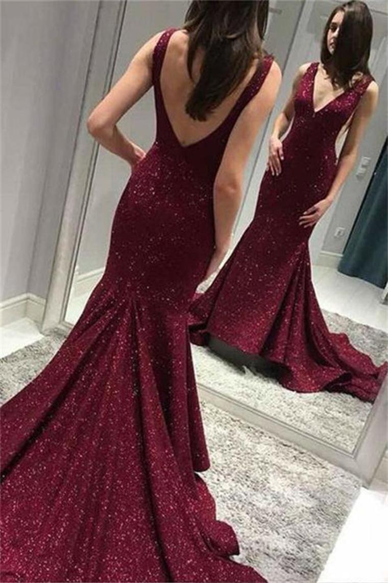 Sparkly Long V-Neck Open Back Mermaid Burgundy Prom Dresses Prom Gowns