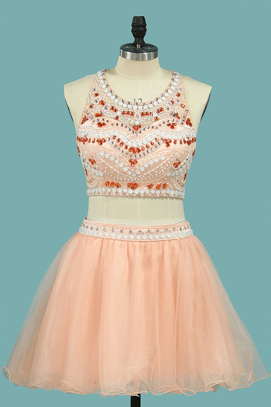 Two-Piece Halter Homecoming Dresses Beaded Bodice Tulle Short/Mini