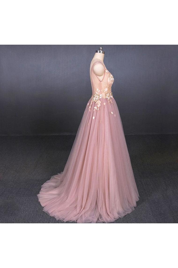 V Neck Sleeveless Tulle Prom Dress With Appliques, A Line Tulle Evening Dress