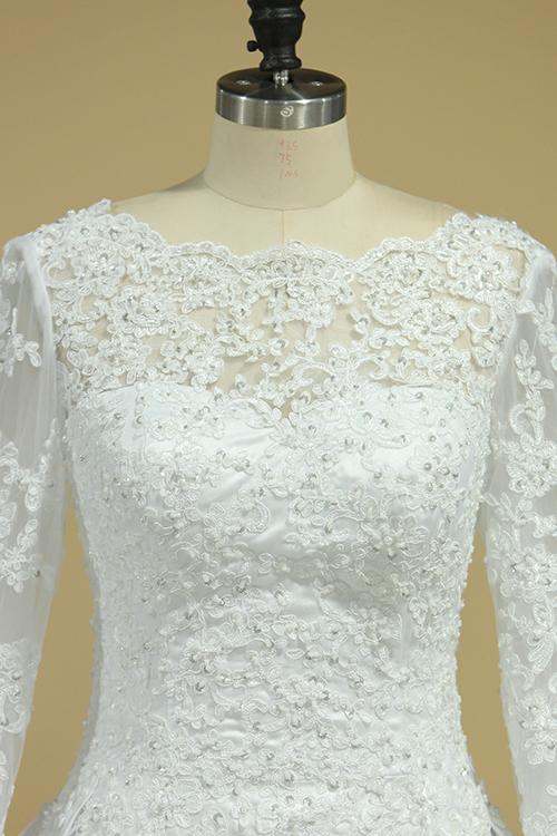 A Line Long Sleeves White Lace Appliques Satin Beads Open Back Wedding Dresses WK815