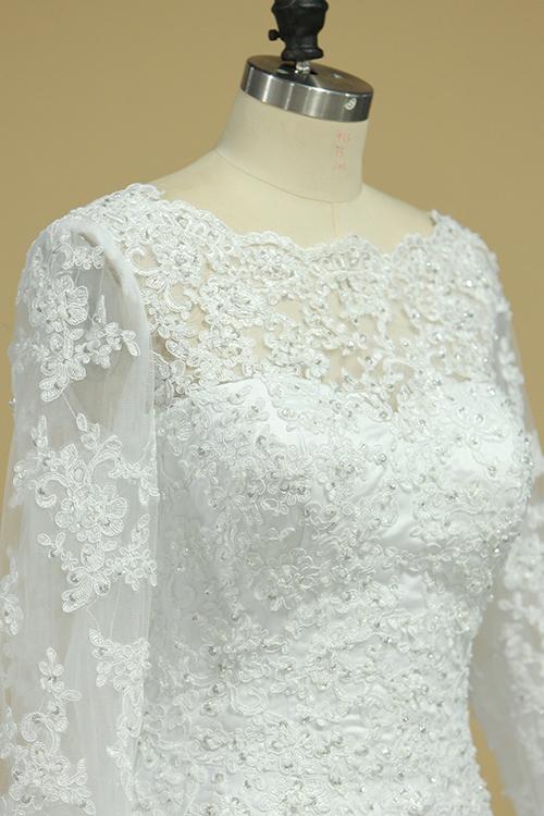 A Line Long Sleeves White Lace Appliques Satin Beads Open Back Wedding Dresses WK815