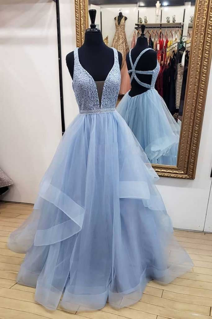 A-Line Blue Deep V Neck Tulle Prom Dresses Long Cheap Open Back Evening Dresses WK627