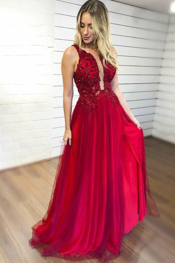 A-Line Sleeveless Split Prom Dresses with Appliques Beading Tulle Evening Dresses WK628