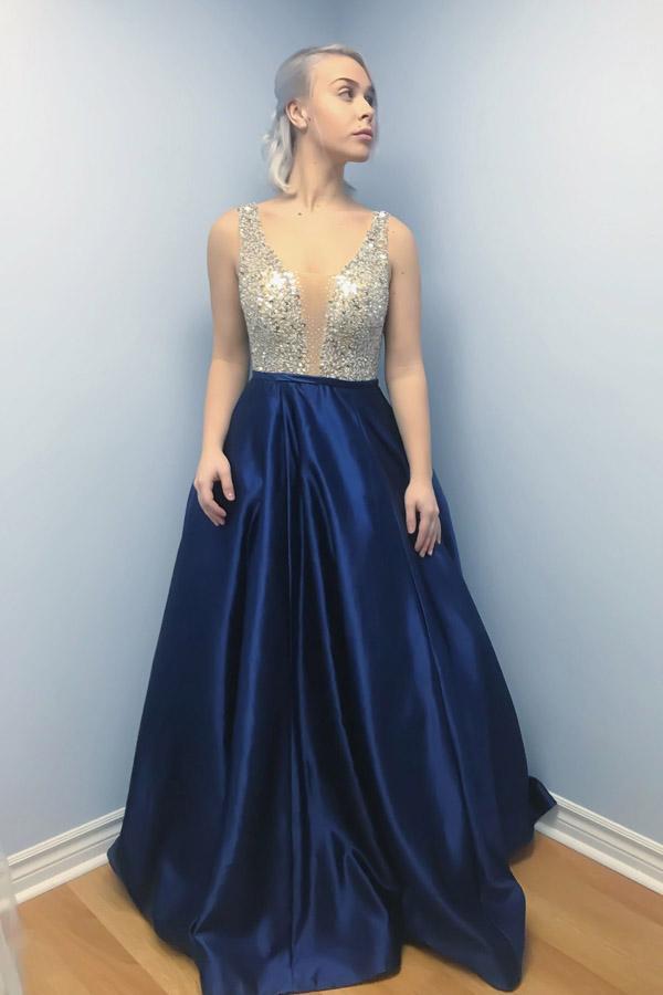 A-Line V Neck Backless Sweep Train Dark Blue Satin Prom Dress with Beads WK631