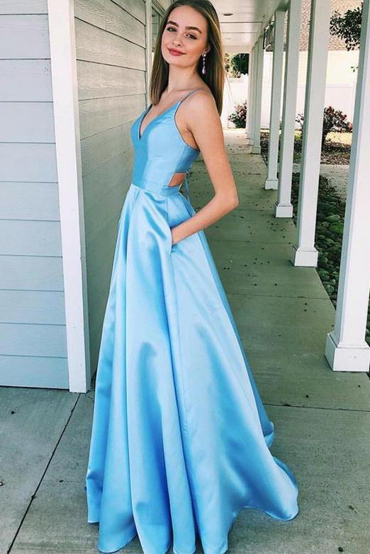 A-Line V Neck Light Blue Satin Cut Out Prom Dresses with Pockets Sleeveless WK519