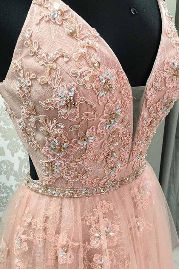 A-Line V Neck Spaghetti Straps Open Back Blush Lace Appliques Long Prom Dresses WK706