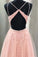 A-Line V Neck Spaghetti Straps Open Back Blush Lace Appliques Long Prom Dresses WK706