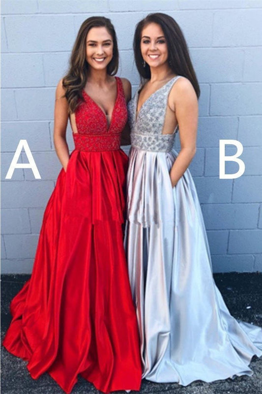 A-line Deep V Neck Beads Red Backless Long Prom Dresses With Pockets Party Dress WK421