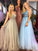 A-line V-Neck Beaded Bodice Tulle Long Prom Dresses Pink Backless Evening Dress WK517