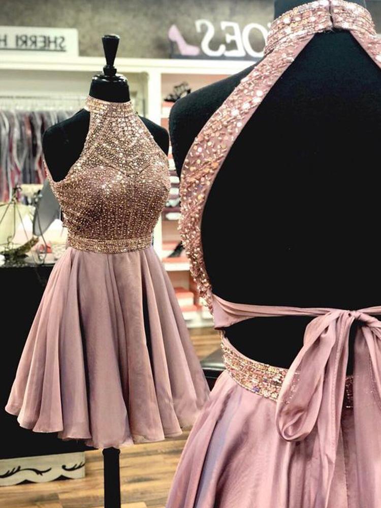 A Line Halter Open Back Chiffon Blush Pink Short Homecoming Dresses with Beading WK984