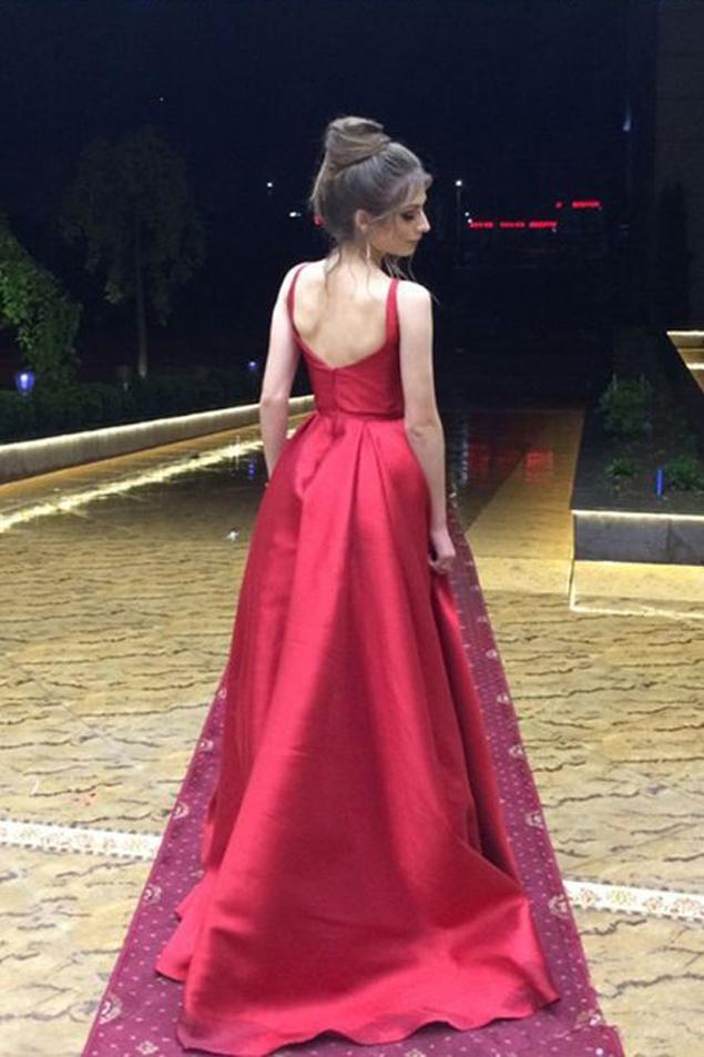 Red A-Line Long Simple Satin Open Back Sleeveless Evening Dress Prom Dresses WK507