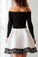 A Line Black and White Off the Shoulder Long Sleeve Short Homecoming Dresses with Lace H1311