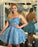 A Line Blue Lace Appliques Homecoming Dresses Backless Above Knee Short Prom Dresses H1138
