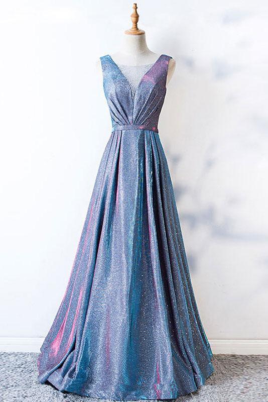 A Line Blue Lace up Ruffles Prom Dresses V Neck Satin Long Cheap Evening Dresses WK675