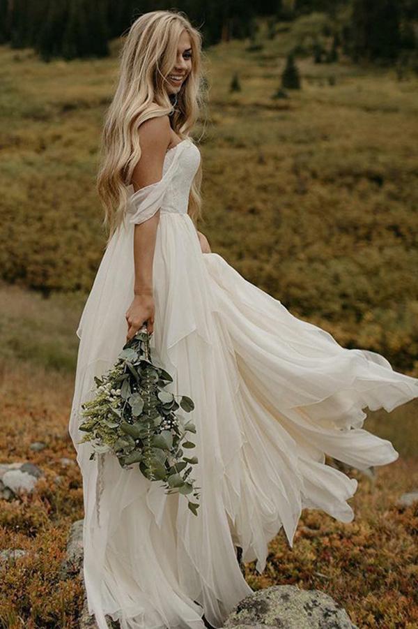A Line Chiffon Ivory Off the Shoulder Sweetheart Beach Wedding Dresses WK581