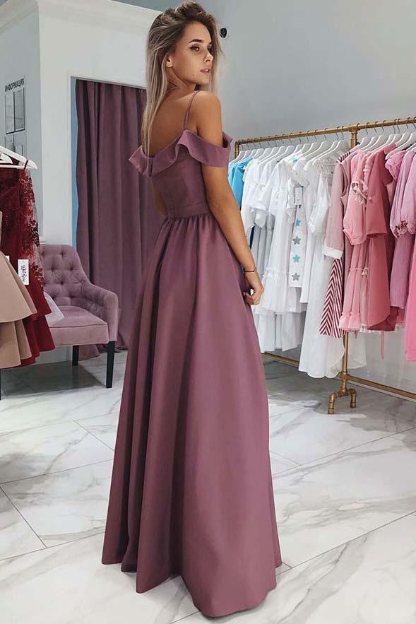 A Line Chiffon Off the Shoulder Prom Dresses Purple Side Slit Evening Dresses WK733