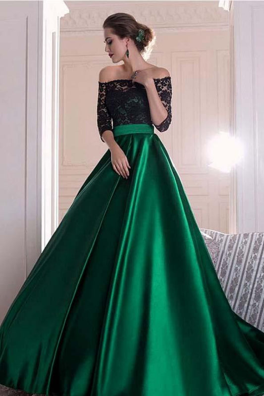 A Line Dark Green Satin Off the Shoulder 3/4 Sleeves Ruffles Lace Prom Dresses WK399
