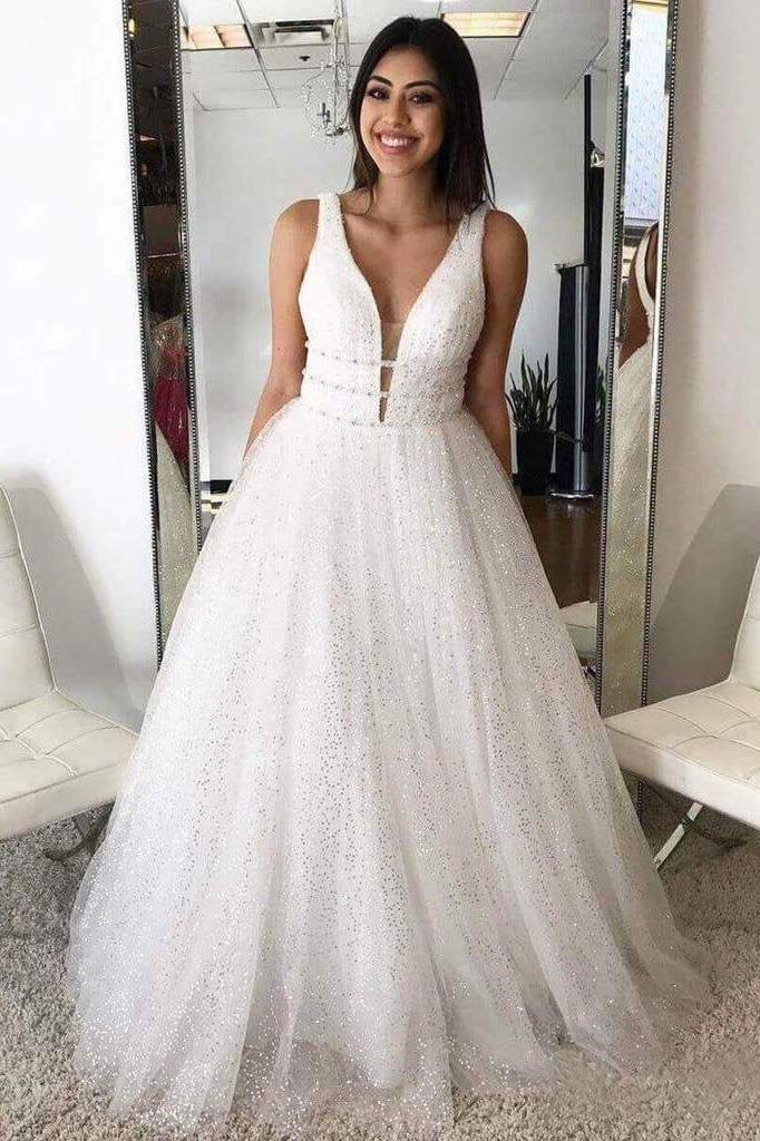 A Line Deep V Neck Ball Gown Prom Dresses Open Back White Evening Dresses WK536