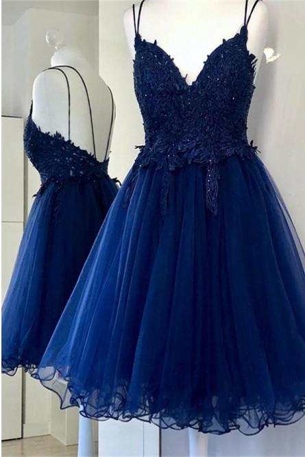 A Line Dual-Strapped Royal Blue V Neck Short Prom Dress with Beads Appliques WK858