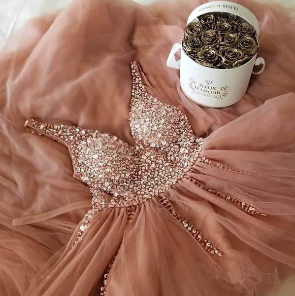 A Line Dusty Rose Long Tulle Prom Dresses Sequins Shiny Bodice V Neck Formal Dress WK425