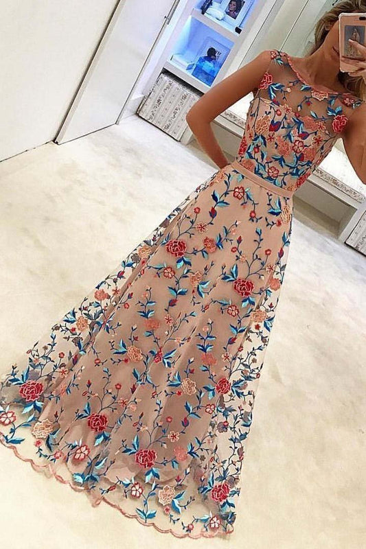 A Line Floral Scoop Sleeveless Prom Dresses with Embroidery Long Formal Dresses WK466