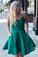 A Line Green Spaghetti Straps V Neck Satin Open Back Homecoming Dresses with Pockets H1299
