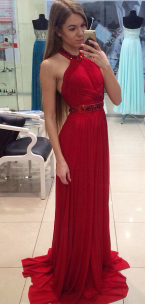 A Line Halter Red Chiffon Long Prom Dresses with Beading Cheap Evening Dresses WK702