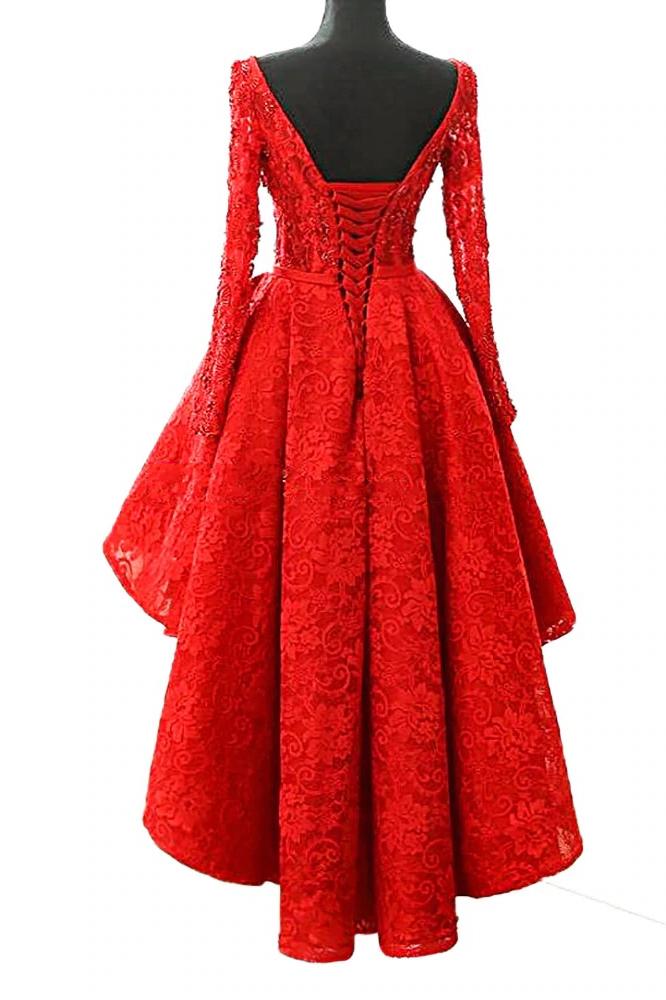 A Line Long Sleeve Red High Low Scoop Lace Homecoming Dresses with Lace Appliques WK835