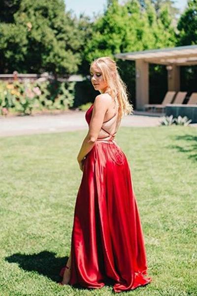 A Line Red Sexy Side Slit Spaghetti Straps Cheap Long Prom Dresses Evening Dresses WK830