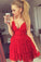 A Line Red V Neck Spaghetti Straps Homecoming Dresses with Lace Short Prom Dresses WK861