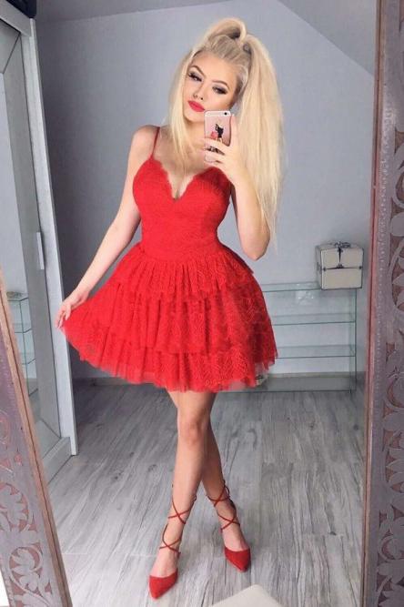 A Line Red V Neck Spaghetti Straps Homecoming Dresses with Lace Short Prom Dresses WK861