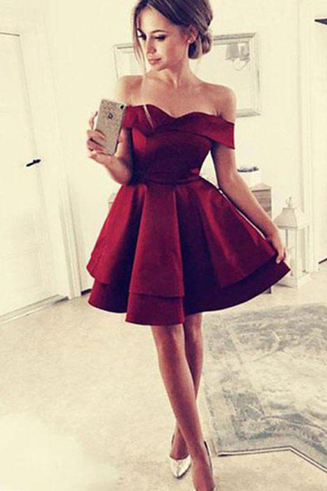 A Line Satin Burgundy Off the Shoulder Sweetheart Above Knee Homecoming Dresses WK926
